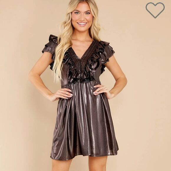 Red Dress Entro Glean On Silver Ash Ruffle Yoke Mini Dress Metallic Silver M J - Picture 1 of 13